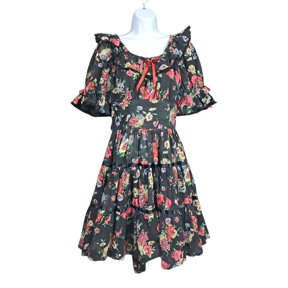 Vintage Floral Tiered Dress Size XS Black Lace Romantic Flowy Dark Cottage 80s